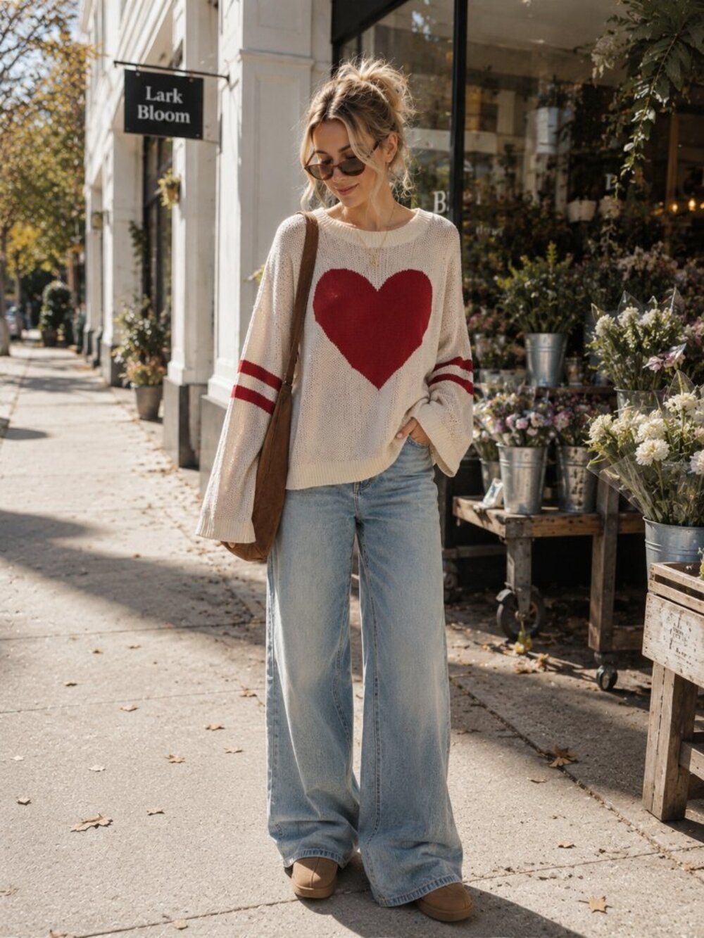 Miss Sparkling Cream Red Heart Graphic Varsity Stripe Oversized Knit Sweater NWO